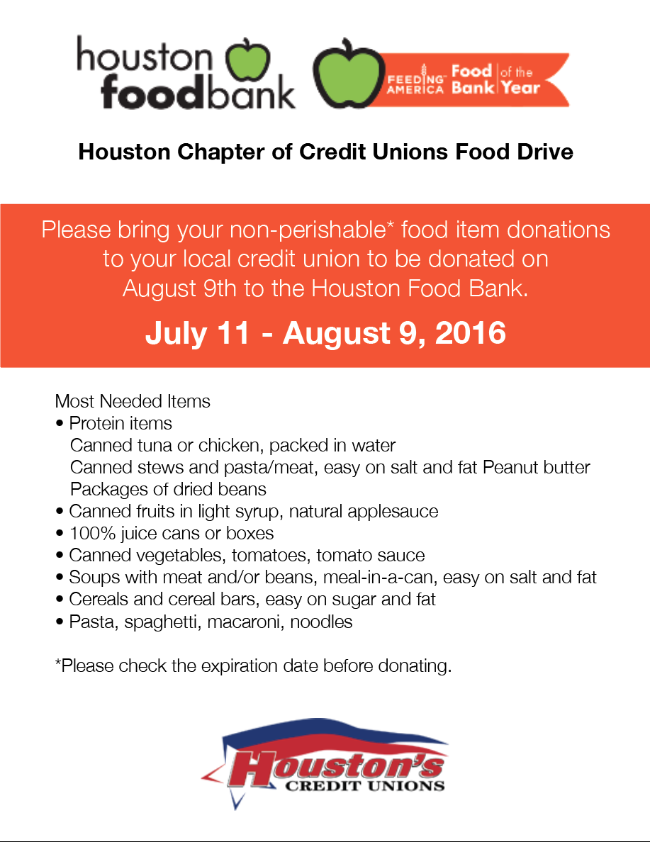 houston chapter of credit unions 2016 summer food drive flyers donation request